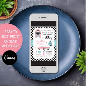 May include: A black and white checkered background with a pink and blue jukebox, a pink and white car, and a guitar. The text reads "Join us for a Rock A Bye Baby Shower in honor of Jeniffer Smith. Saturday, June 30 at 2:00PM".