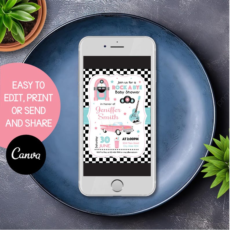 May include: A black and white checkered background with a pink and blue jukebox, a pink and white car, and a guitar. The text reads "Join us for a Rock A Bye Baby Shower in honor of Jeniffer Smith. Saturday, June 30 at 2:00PM".