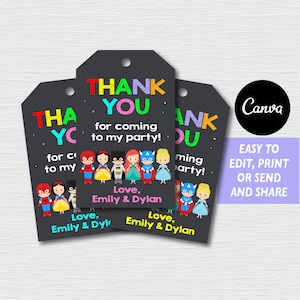 Self Editable - Superhero and Princess Favor Tags, Superheroes Birthday, Superhero Princesses Party, Canva Template, INSTANT DOWNLOAD