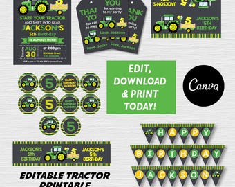 Puede incluir: Un conjunto de decoraciones imprimibles para fiestas de cumpleaños con temática de tractor. Incluye invitaciones, etiquetas de agradecimiento, adornos para cupcakes, pancartas y un letrero que dice "Edit, Download & Print Today!". La combinación de colores es verde, amarillo y negro.