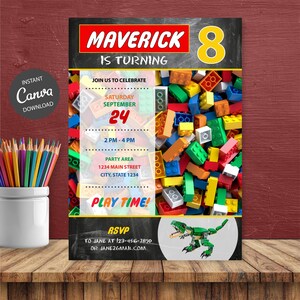 May include: A birthday party invitation with the name "MAVERICK" in red and white, and the number "8" in yellow. The invitation includes details like the date, time, and location, with a background of colorful toy bricks. The invitation says "PLAY TIME!"