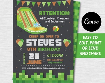 Self Editable, Video Game Invitation, Water Slide Invitation, Waterslide party, Pixelated Invite, Canva template, INSTANT DOWNLOAD