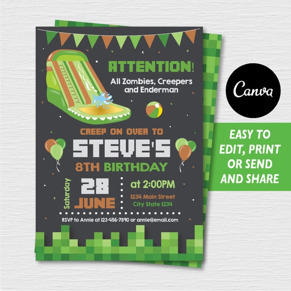 Self Editable, Video Game Invitation, Water Slide Invitation, Waterslide party, Pixelated Invite, Canva template, INSTANT DOWNLOAD