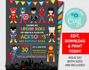 Superhero Birthday Invitation, Superheroes Party, Superheroes Birthday, Self editable Superhero, Corjl, chalkboard, INSTANT DOWNLOAD