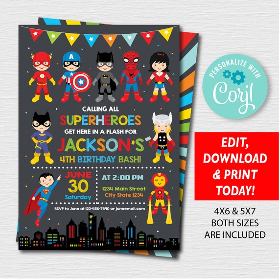 Superhero Birthday Invitation Superheroes Party Superheroes Etsy