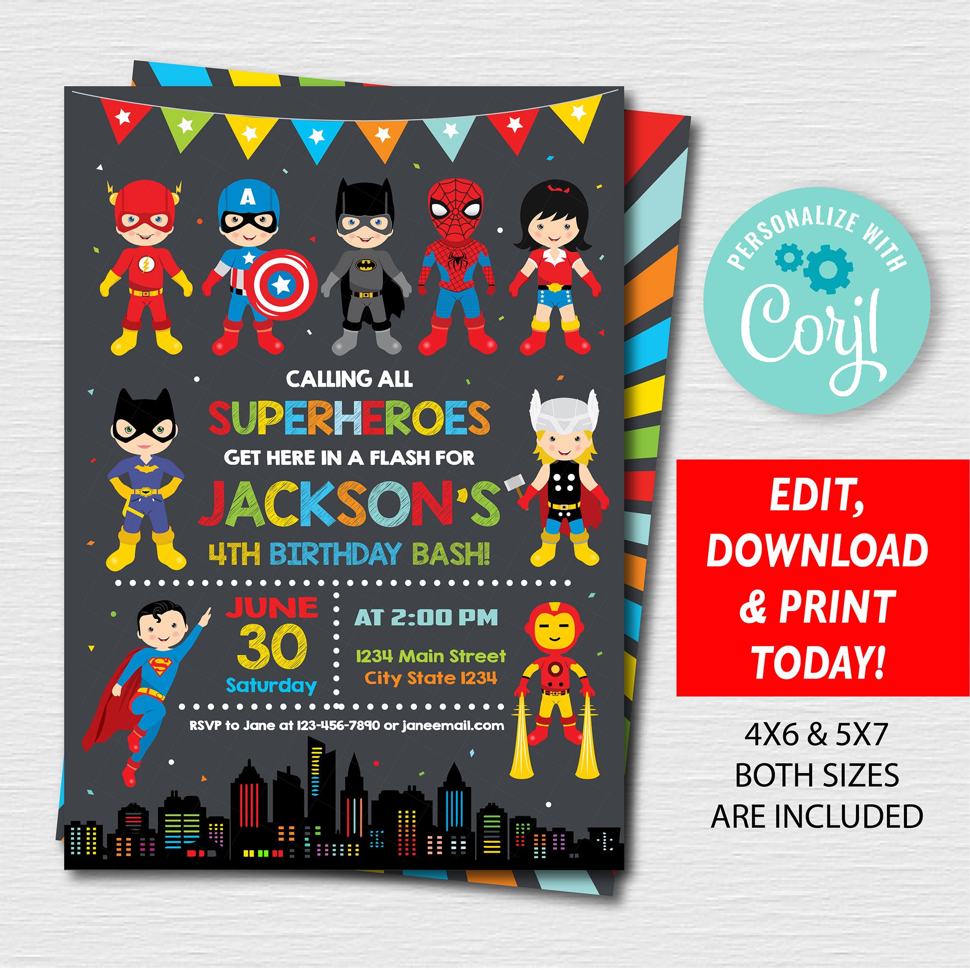 Superhero Birthday Invitation Superheroes Party Superheroes Etsy 