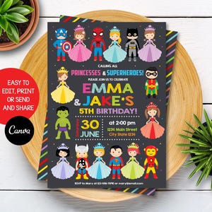 Editable Princesses and Superheroes Birthday Invitation, Princesses and Superheroes Party, Canva template, INSTANT DOWNLOAD
