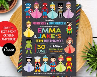 Editable Princesses and Superheroes Birthday Invitation, Princesses and Superheroes Party, Canva template, INSTANT DOWNLOAD