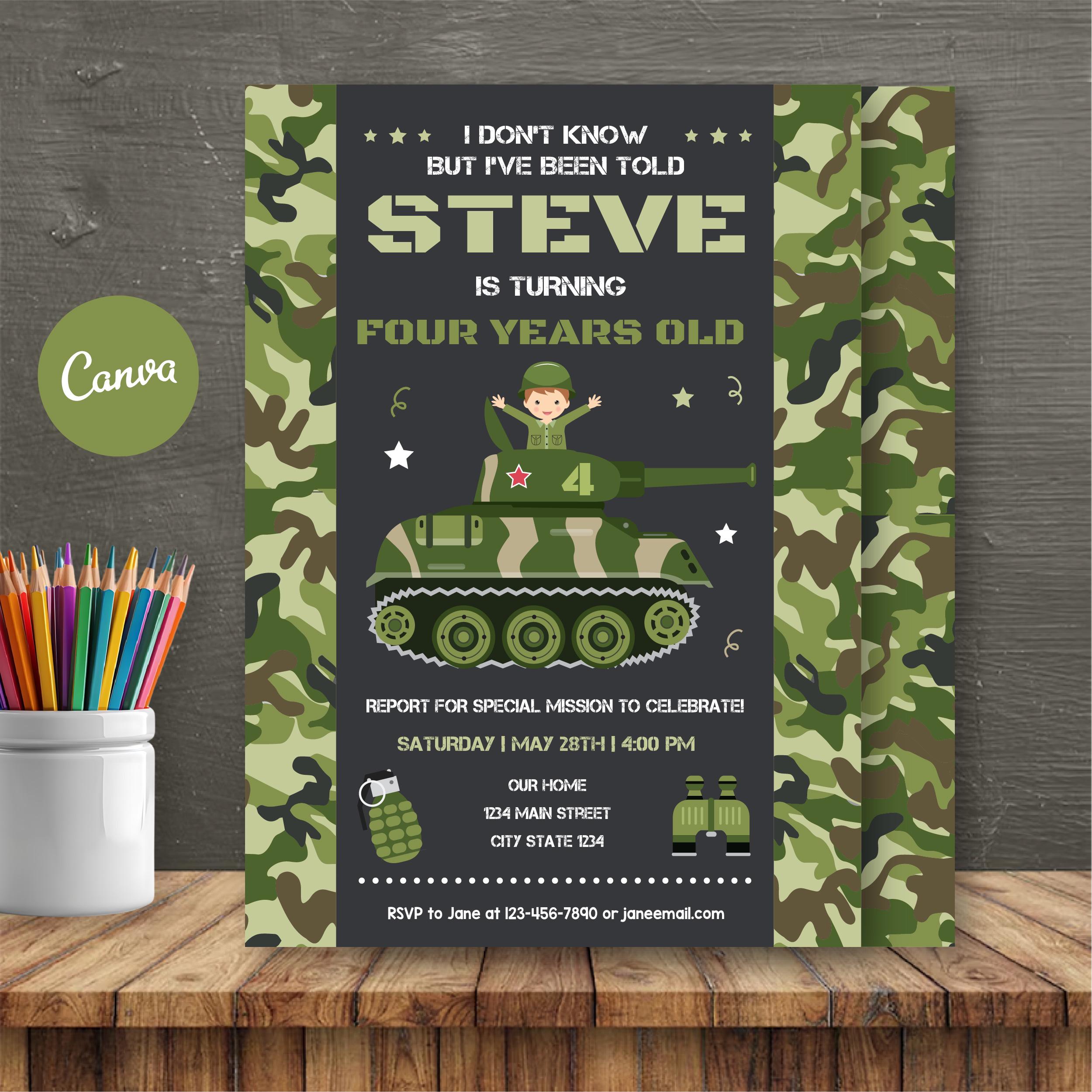 Editable Army Birthday Invitation, Tank Invitation, Military Party ...