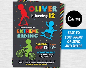 Self Editable, Extreme Riding Invitation, Scooter Invitation, Bike Invitation, Canva template, Skateboard Invitation, INSTANT DOWNLOAD