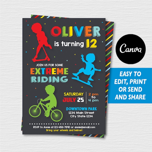 Self Editable, Extreme Riding Invitation, Scooter Invitation, Bike Invitation, Canva template, Skateboard Invitation, INSTANT DOWNLOAD