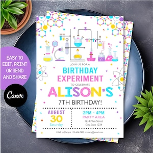 Editable Science Party Invitation, Girl Mad Science Birthday Invitation, Girls Science Birthday, Canva Template, INSTANT DOWNLOAD