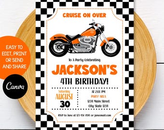 Invitación de cumpleaños de moto editable, fiesta de motos, cumpleaños de moto, naranja, plantilla de Canva, descarga instantánea