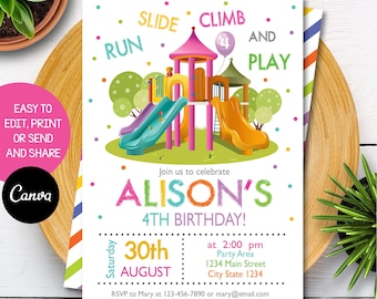 Editable Girls Playground Birthday Invitation, Play Park Birthday Invitation, Girls Playground party, Canva template, INSTANT DOWNLOAD