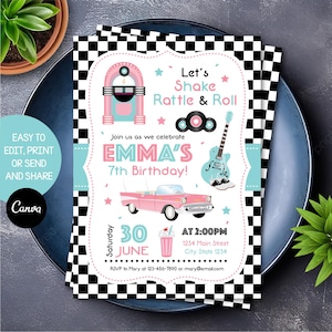 Editable 50&#39;s Birthday Invitation, Fifties Invitation, Fifties party, Fifties birthday, 50&#39;s Canva template, INSTANT DOWNLOAD
