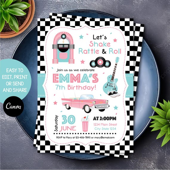 Editable 50's Birthday Invitation, Fifties Invitation, Fifties party, Fifties birthday, 50's Canva template, INSTANT DOWNLOAD