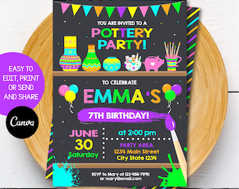 Editable Painting Pottery Birthday Invitation, Pottery Painting Party, Canva template, Chalkboard, INSTANT DOWNLOAD