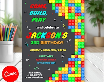 Editable Building Blocks Birthday Invitation, Building blocks party, Canva template, Chalkboard, INSTANT DOWNLOAD