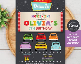 Editable Drive-In Movie Birthday Invitation, Girl Drive-In Movie Invitation, Girl Movie Night Birthday, Canva Template, INSTANT DOWNLOAD