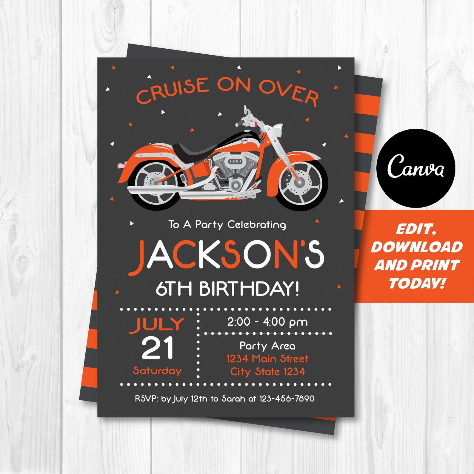 Editable, Motorcycle Birthday Invitation, Kids Motorcycle Party, Canva ...