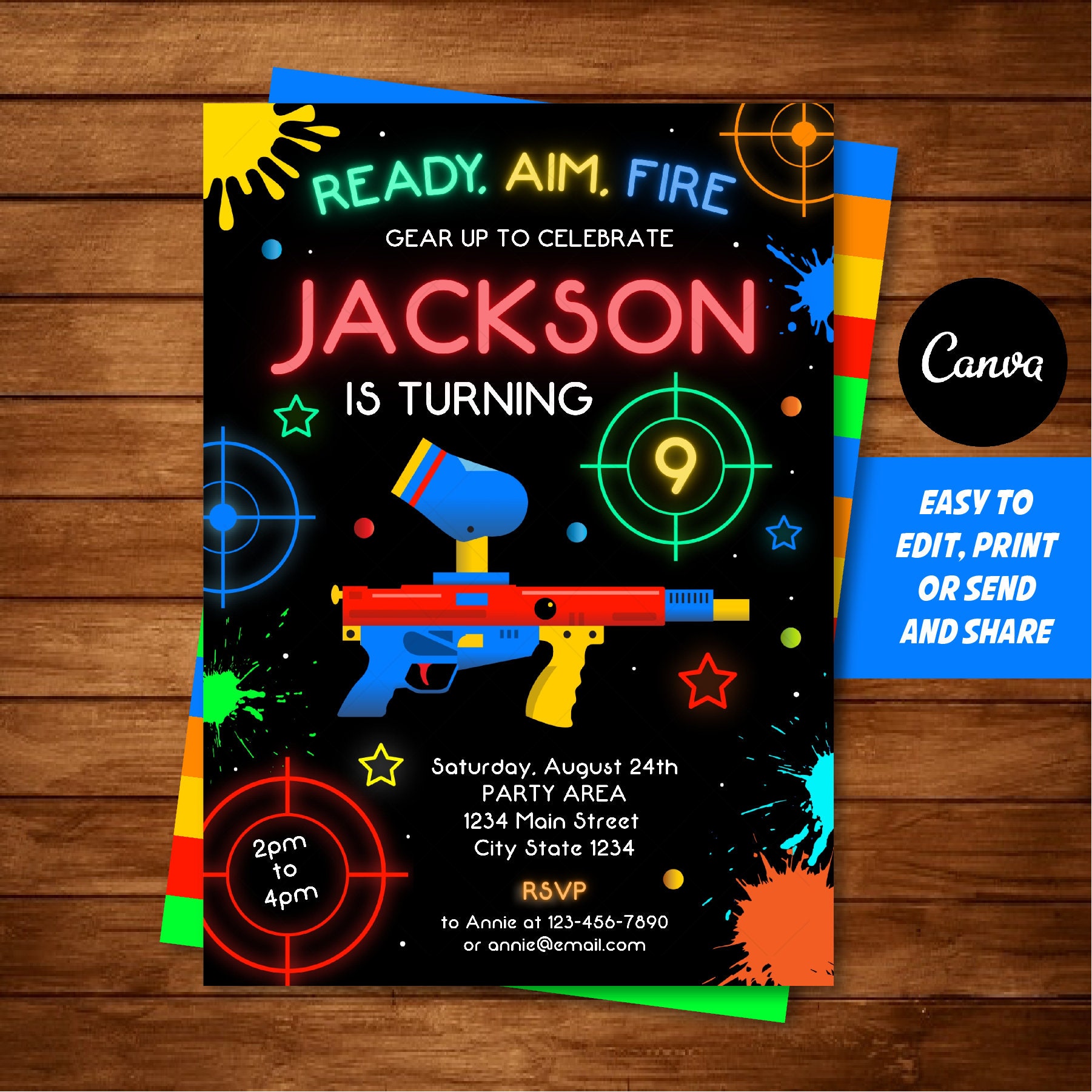 Invitación de cumpleaños editable de paintball, fiesta de paintball