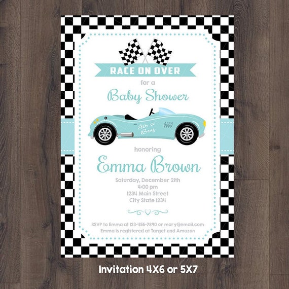 Racing Car Baby Shower Invitation chevron Baby Boy Aqua Etsy