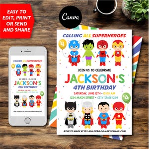 Superhero Birthday Invitation, Superheroes Party, Superheroes Birthday, Self editable Superhero, Canva, INSTANT DOWNLOAD