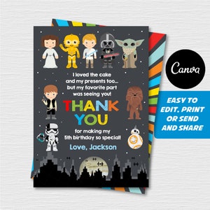 Modifiable soi-même - carte de remerciement Star Wars, anniversaire Star Wars, mot de remerciement, fête Star Wars, modèle de toile, TÉLÉCHARGEMENT IMMÉDIAT
