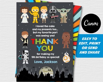 Self Editable - Star Wars Thank you card, Star Wars Birthday, Thank you Note, Star Wars Party, Canva template, INSTANT DOWNLOAD