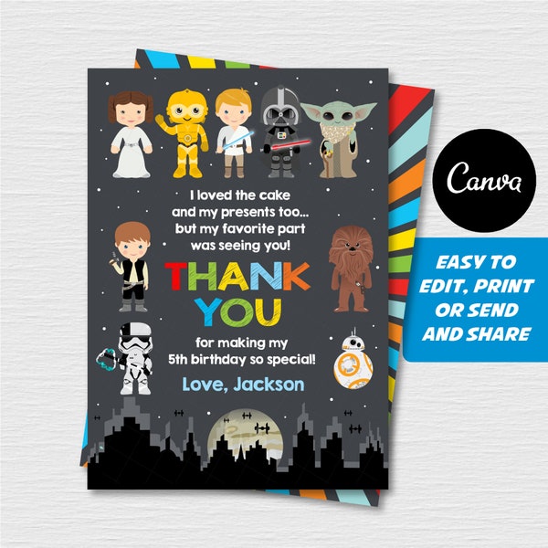 Self Editable - Star Wars Thank you card, Star Wars Birthday, Thank you Note, Star Wars Party, Canva template, INSTANT DOWNLOAD