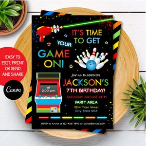 Editable Arcade Laser Tag Bowling Birthday Invitation, Boy Arcade Laser tag Bowling Invitation, Canva Template, INSTANT DOWNLOAD
