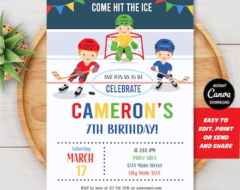 Hockey Birthday Invitation, Editable Hockey Invitation, Hockey Party, Canva template, INSTANT DOWNLOAD