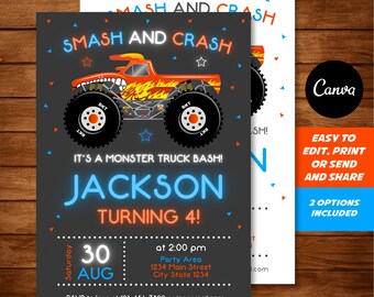 Editable, Monster Truck Birthday  Invitation, Monster Truck Party, Canva template, INSTANT DOWNLOAD