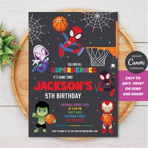 May include: A superhero-themed birthday party invitation with a basketball theme. The invitation features illustrations of Spider-Man, Iron Man, and other superheroes. The text reads "Calling all Superheroes" and announces a 5th birthday party.