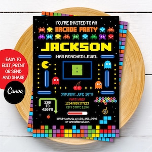 Bearbeitbare Arcade-Geburtstagseinladung, Arcade-Party, Retro-Videospiel-Einladung, Canva-Vorlage, SOFORT-DOWNLOAD