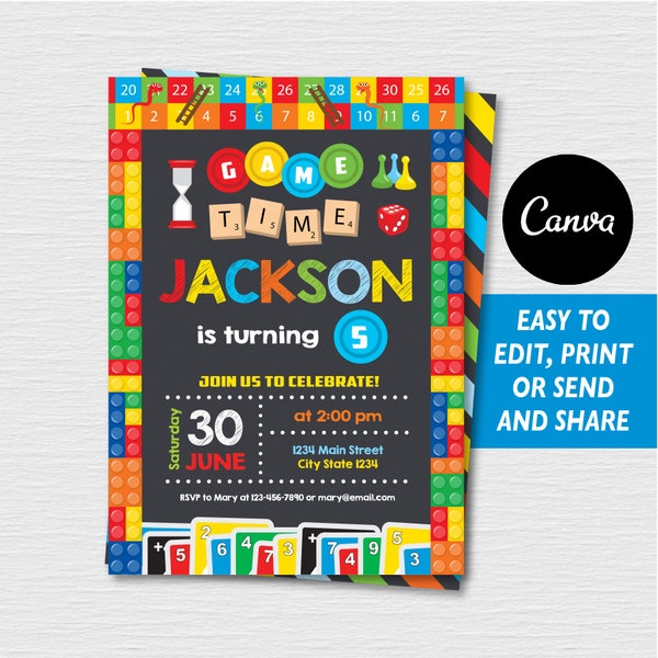 Self Editable, Game Night Birthday Invitation, Board games Party, Game Night Invites, Canva template INSTANT DOWNLOAD