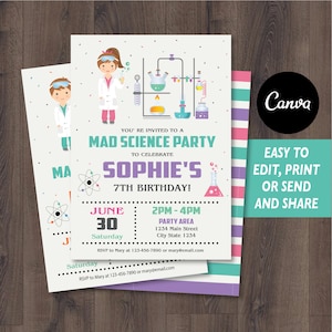 Editable, Science Party Invitation, Mad Science Birthday Invitation, Girls and Boys Birthday, CanvaTemplate, INSTANT DOWNLOAD
