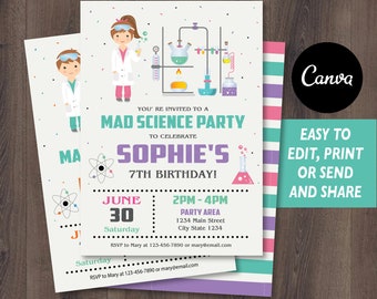 May include: A science-themed birthday party invitation with a cartoon illustration of a girl and boy in lab coats. The invitation includes the text "Mad Science Party" and details for Sophie's 7th birthday, including the date, time, and location.