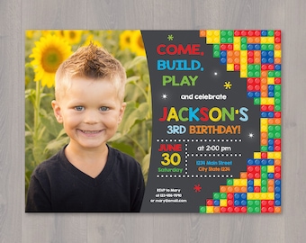 Building Blocks Birthday Invitation, Building blocks party, Chalkboard,, Digital, printable