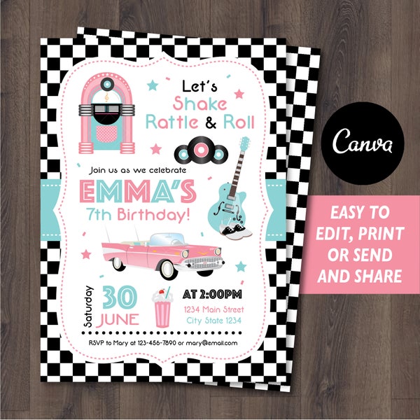 Editable 50's Birthday Invitation , Fifties Invitation, Fifties party, Fifties birthday, 50's Canva template, INSTANT DOWNLOAD