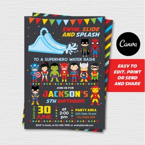 Puede incluir: Una invitación a una fiesta de cumpleaños con temática de superhéroes con un tobogán de agua azul, un grupo de superhéroes y el texto "Swim, Slide and Splash to a Superhero Water Bash! Join us for Jackson's 5th Birthday!" La fiesta es el sábado 30 de junio a las 2:00 pm en 1234 Main Street, City State 1234. RSVP a Emily al 123-456-7890 o emily@email.com.