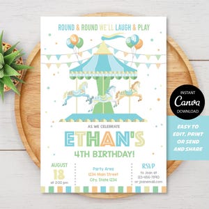 Puede incluir: Invitación de cumpleaños con un diseño de carrusel en colores pastel. La invitación incluye el texto "Ethan's 4th Birthday!" y detalles del evento. El diseño incluye globos y banderines decorativos.