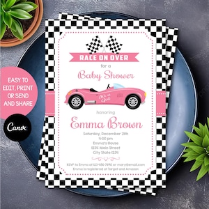 Editable, Racing Car Baby Shower Invitation, Baby Girl, Pink, Grey, Canva template. INSTANT DOWNLOAD