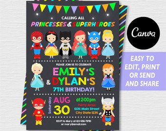 Editable, Superhero and Princess Birthday Invitation, Superhero and Princess party, Canva Template, INSTANT DOWNLOAD