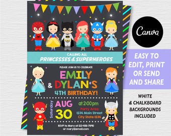 Editable, Superhero and Princess Birthday Invitation, Superhero and Princess party, Canva Template, INSTANT DOWNLOAD