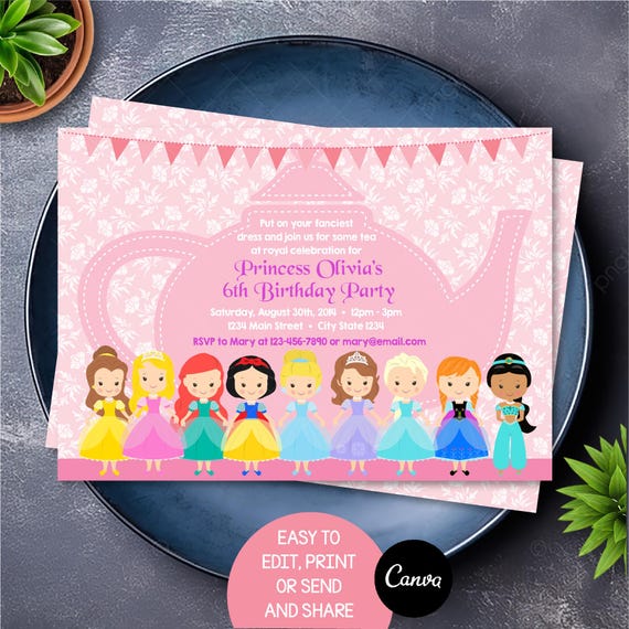 Editable Princess Tea Party Invitation, Princess Tea Birthday, Princess Tea Invitation, Tea birthday Party, Canva template, INSTANT DOWNLOAD