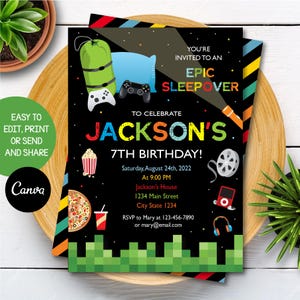 EDITABLE Video Game Invitation, Boys Sleepover Invitation, Pixelated Invite, Video games party, Camp, pizza party, Canva, Instant Download