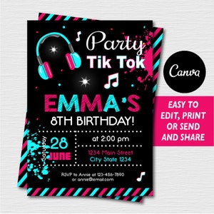 Self Editable - Tik Tok Birthday Invitation, Kids Party, Musical Birthday Invitation, Canva Template, INSTANT DOWNLOAD