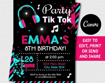 Self Editable - Tik Tok Birthday Invitation, Kids Party, Musical Birthday Invitation, Canva Template, INSTANT DOWNLOAD