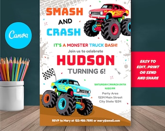 Invito di compleanno a tema Monster Truck, invito modificabile a tema Monster Truck, modello Canva, download immediato